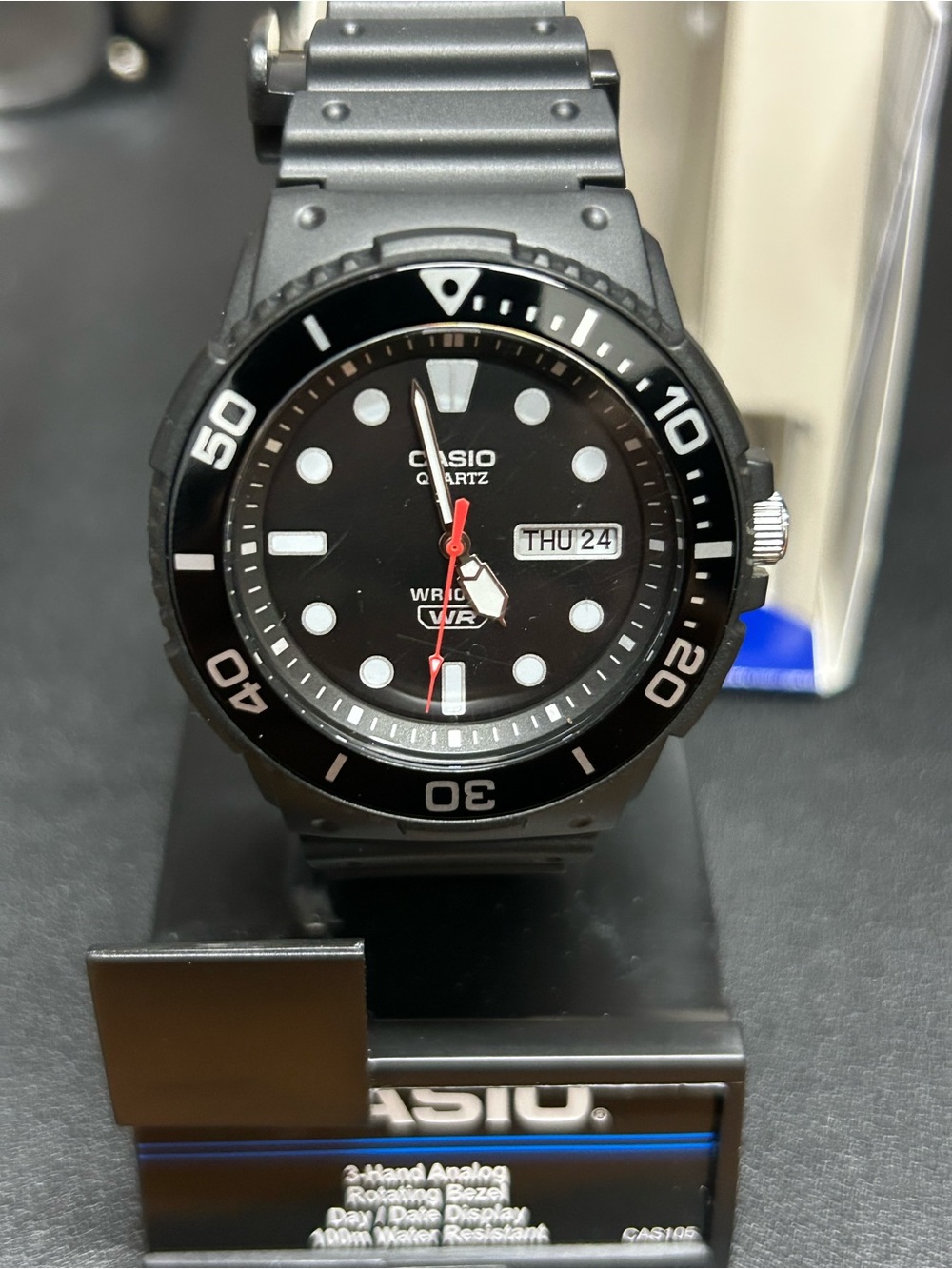 Casio Black Diver-Style Analog Quartz Watch with Red Seconds Hand